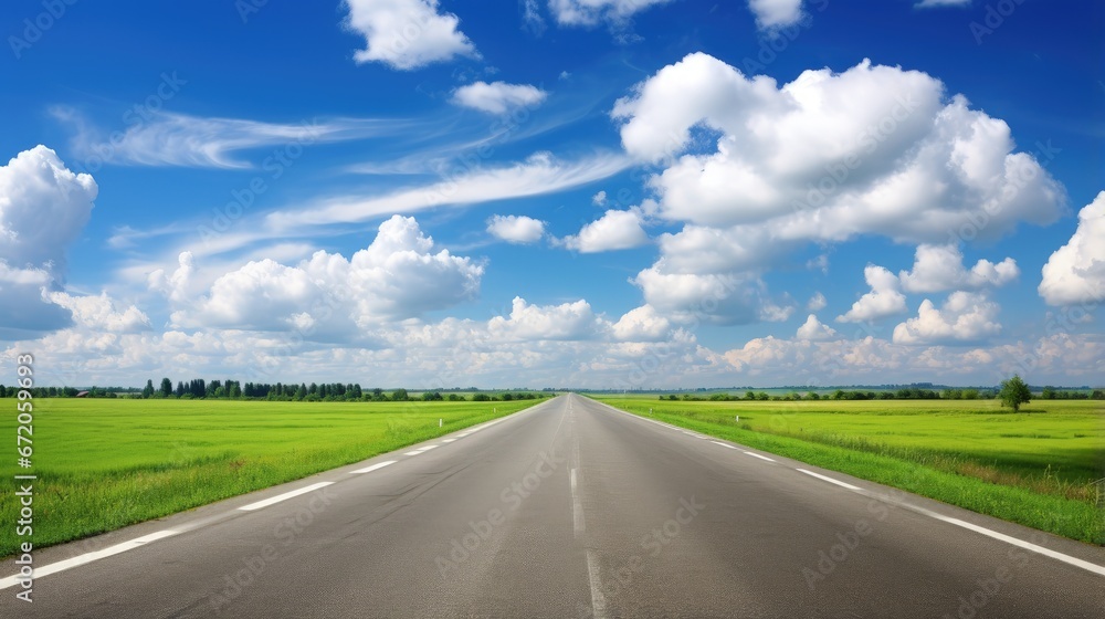 asphalt road through the green field and clouds on blue sky in summer day asphalt road through the green field and clouds on blue sky in summer day