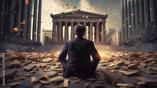Banking collapse or bank run, financial crisis or bankruptcy problem, stock market crash or credit risk, failure or investment failure concept, frustrated businessman look at collapsing bank building. photo