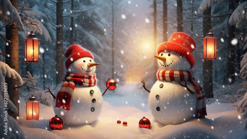snowman with christmas presents in the snowy forest at night with holiday gifts photo