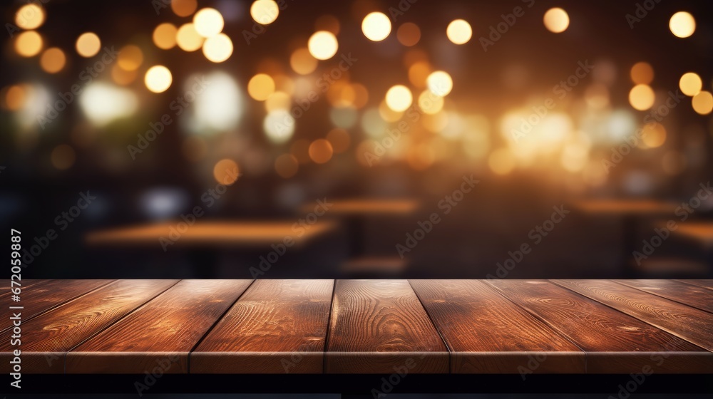 image of wooden table in front of abstract blurred background of resturant lights - obrazy, fototapety, plakaty 