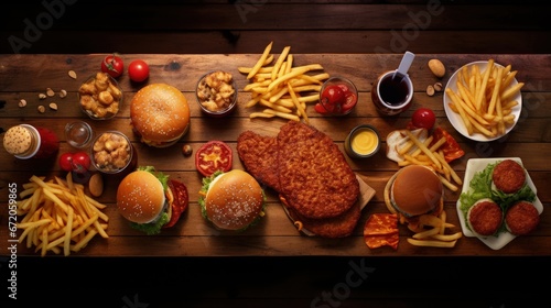 Table scene with large variety of take out and fast foods. Hamburgers, pizza, fried chicken and sides. Above view on a dark wood background.