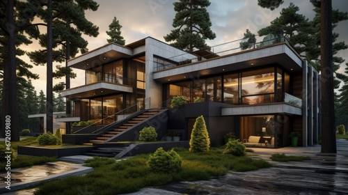 Modern multi level home exterior with pine trees