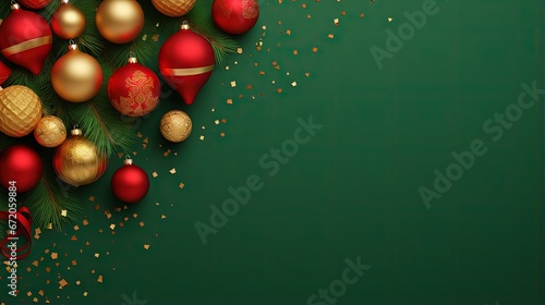 Square banner with gold and red Christmas symbols and text. Christmas tree, balls, golden tinsel confetti and snowflakes on green background. Header for website template.