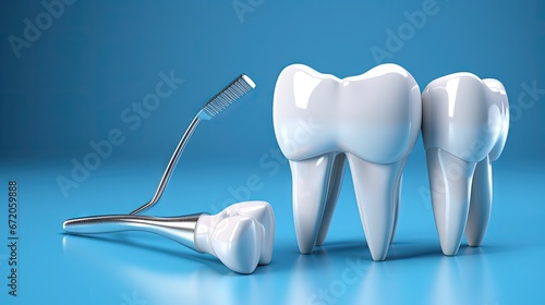 Teeth model and dentist tool on blue background