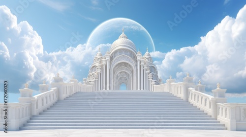 A concept depicting a huge staircase leading up to the open majestic pearly gates of heaven srrounded by a blue sky background - 3D render photo