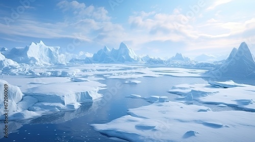 Huge high glaciers in winter natural conditions, the sea in ice, snow and blizzards. Arctic winter snowy landscape. 3D Rendering