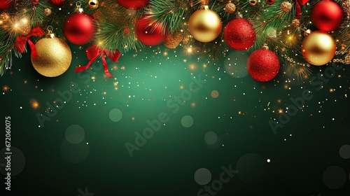 Square banner with gold and red Christmas symbols and text. Christmas tree, balls, golden tinsel confetti and snowflakes on green background. Header for website template. photo