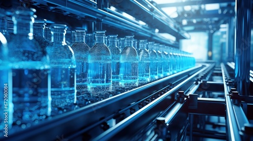 Abstract industrial background in blue color with filling Plastic bottles inside industrial machine conveyor line in water bottling plant