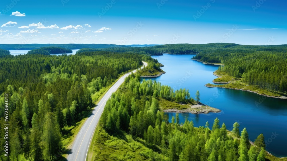 Aerial view of road between green summer forest and blue lake in Finland Aerial view of road between green summer forest and blue lake in Finland