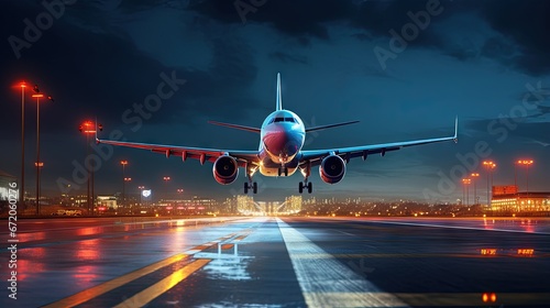 Airplane during take off on airport runway at night against air traffic control tower. Plane in blurred motion at night. photo