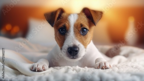 A beautiful dog Jack Russell Terrier lies on floor on a fluffy blanket on his stomach, stretches his legs forward, looks at camera. Brown eyes, black nose. Day of Dog. Pet day. Vertical, copy space.