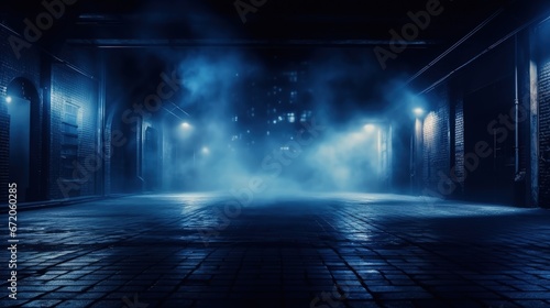 A dark empty street, dark blue background, an empty dark scene, neon light, spotlights The asphalt floor and studio room with smoke float up the interior texture. night view © HN Works