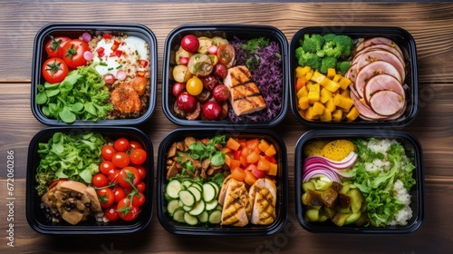 Healthy food delivery. Fitness food. Weight loss nutrition diet. Eat right concept, healthy food, clean food take away in aluminium boxes, vegetable salads and meat at white wooden table closeup
