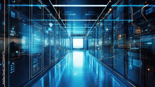 Data servers and Digital information flows through the network and behind glass panels in the server room of a data center or Internet service provider