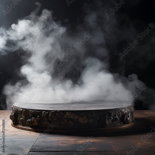 *Gray textured concrete platform, podium or table with smoke in the dark. Made with generative ai. 