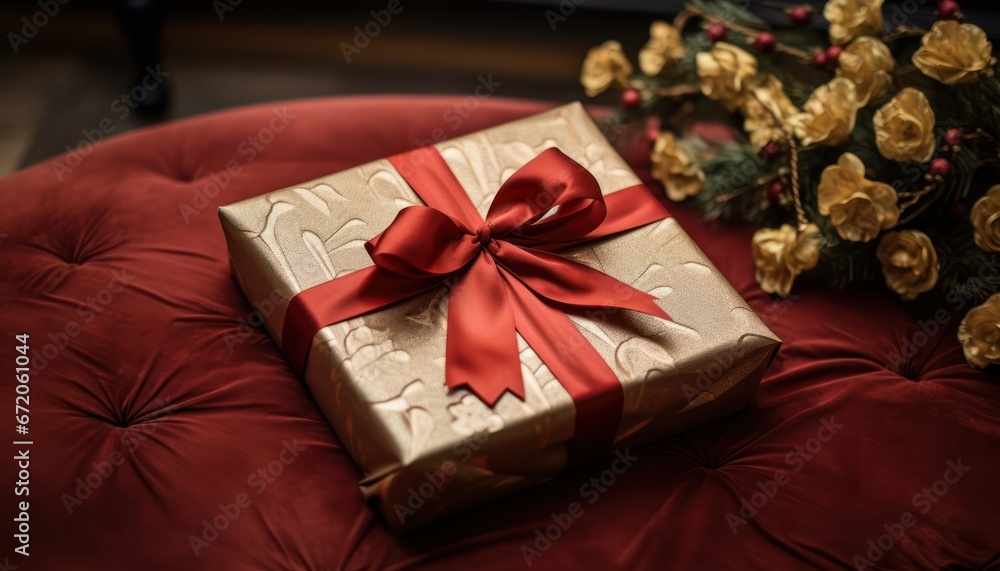 Photo of a Festively Wrapped Gift on a Vibrant Red Cushion