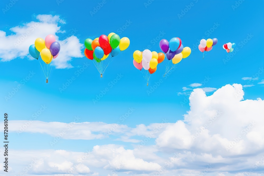 A festive background image for creative content, showcasing a vivid scene of colorful balloons soaring into the sky, creating a joyous and celebratory atmosphere. Photorealistic illustration
