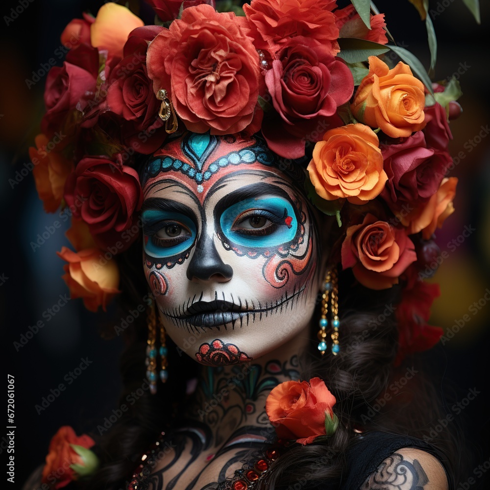 girl with a dia de los muertos skull halloween makeup, wearing a flower crown girl with a dia de los muertos skull halloween makeup, wearing a flower crown
