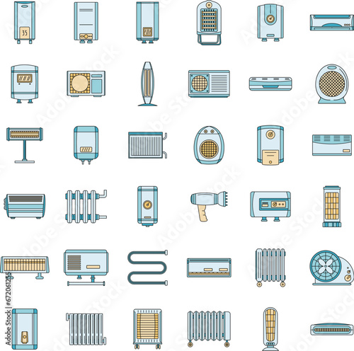 Electric heater device icons set. Outline illustration of 36 electric heater device vector icons thin line color flat on white