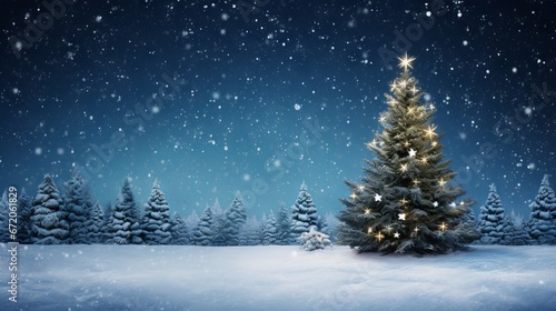 Snowy Xmas tree with garland lights - festive Christmas background for new year's winter art design