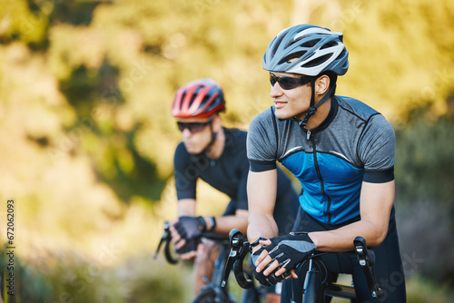 Men, outdoor and mountain bike for friends, vision and thinking with training, exercise or happy in summer. Cyclist athlete, teamwork and bicycle for journey, workout or adventure in woods with smile