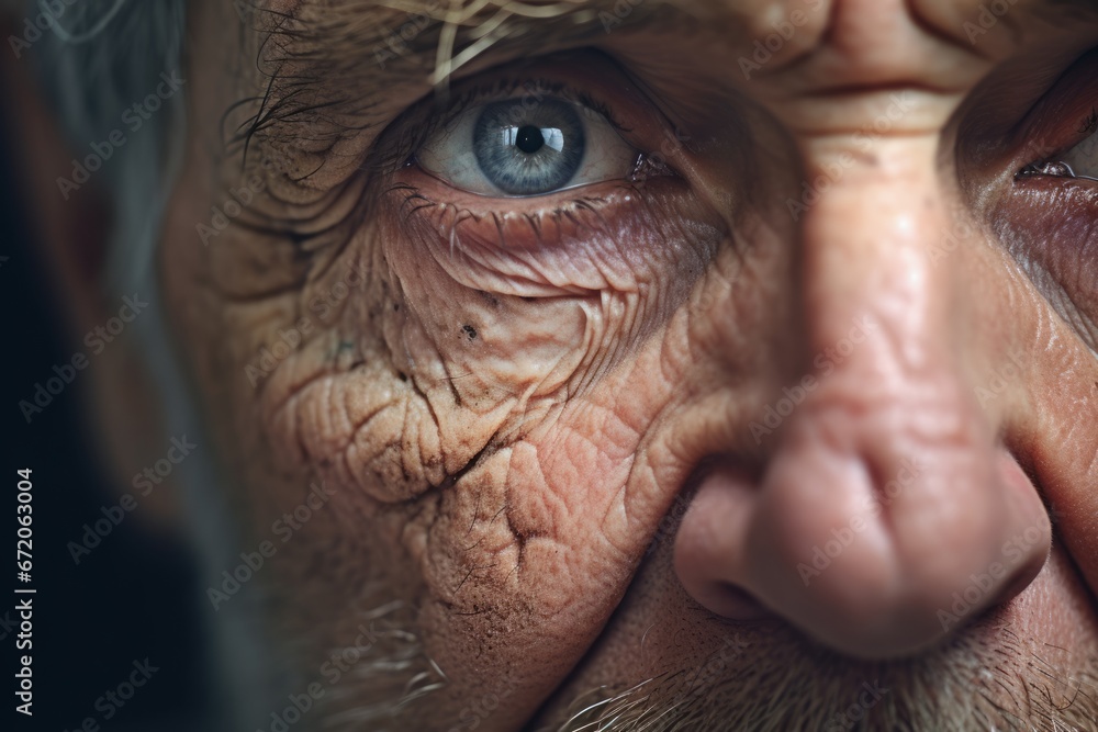 The performance of body aging shall be marked with wrinkles, spots. Blue eyes of senior old man The performance of body aging shall be marked with wrinkles, spots. Blue eyes of senior old man