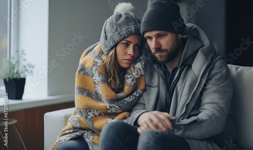 couple wrapped up warm with coat scarf and hat sat on a sofa indoors, trying to keep warm in winter, couple love photography 