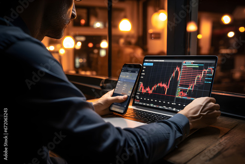 Investor using mobile phone and laptop checking trade market data. Stock trader broker looking at computer analysing trading crypto currency finance market crypto stock market data, over shoulder view photo