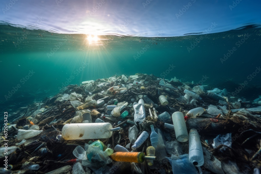 Plastic waste and bottles garbage undersea or in the ocean - obrazy, fototapety, plakaty 