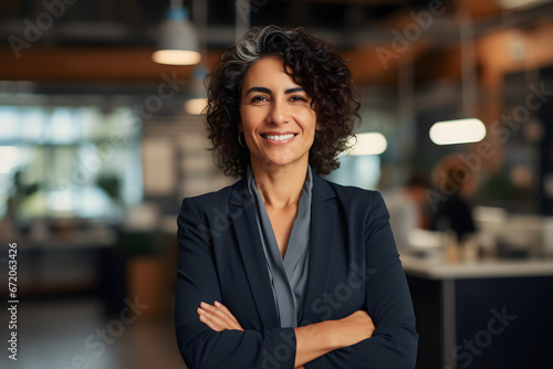 Happy professional elegant mature 45 years old business woman, smiling Latin businesswoman executive manager leader, middle aged female entrepreneur standing at work in office