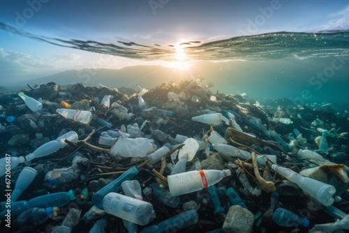 Plastic waste and bottles garbage undersea or in the ocean