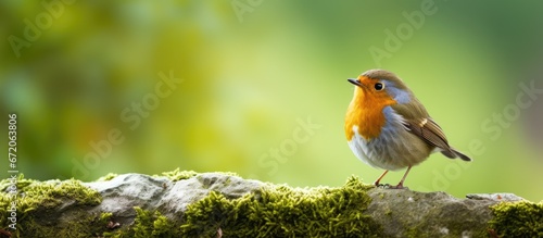 A garden visitor the Erithacus rubecula can be seen resting on a branch commonly known as the European robin © AkuAku