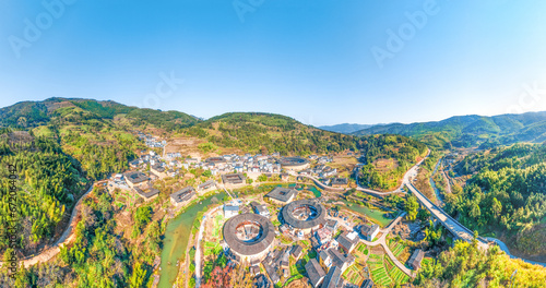 Aerial photography of earth buildings in Shiqiao Village, Shuyang Town, Nanjing County, Zhangzhou City, Fujian Province, China
