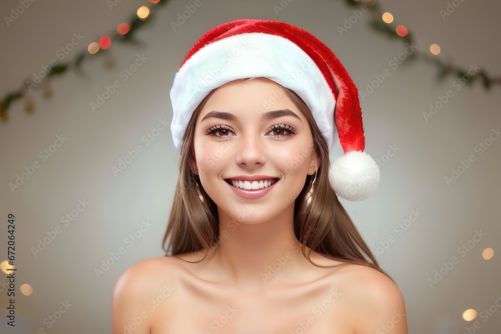 Happy young female in Christmas hat smiling on lighting garland background. Generative AI Happy young female in Christmas hat smiling on lighting garland background. Generative AI