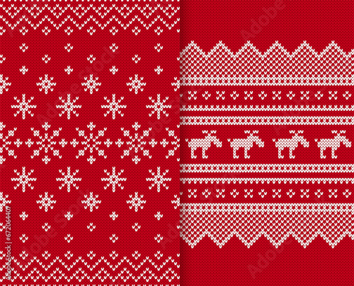 Knitted seamless textures. Knit Xmas print. Holiday background. Christmas red ornaments. Festive sweater border. Fair isle traditional frames. Vector illustration.