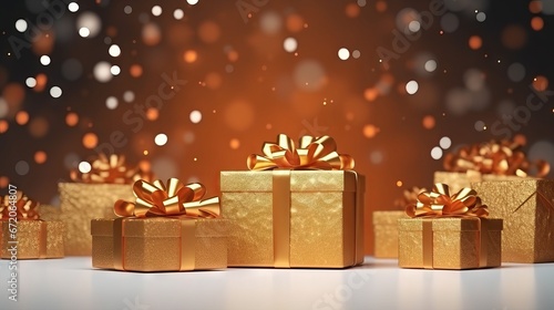 Christmas and New Year celebration with gift boxes on bokeh garland background