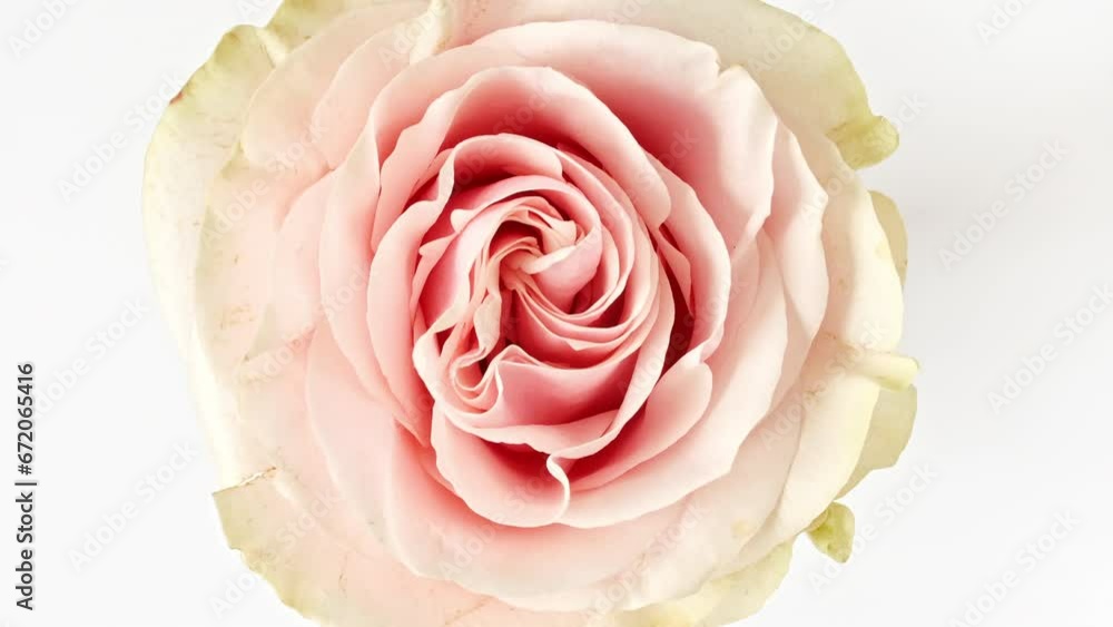 Beautiful opening pink rose on white background. Petals of Blooming pink rose flower open, close-up. Holiday, love, birthday design backdrop. Macro. Production Close-Up. High quality 4k footage Beautiful opening pink rose on white background. Petals of Blooming pink rose flower open, close-up. Holiday, love, birthday design backdrop. Macro. Production Close-Up. High quality 4k footage