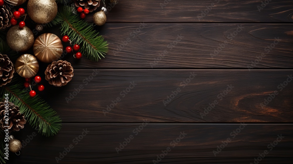 Christmas and new year background with fairy lights, fir branches, and confetti - flat lay, top view with copy space Christmas and new year background with fairy lights, fir branches, and confetti - flat lay, top view with copy space
