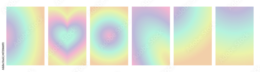 Y2k blurred gradient poster set. Holographic vector background with colored rainbow green, yellow, orange, red, pink, blue heart, sun, abstract geometric shape in trendy 90s, 00s psychedelic style  - obrazy, fototapety, plakaty 