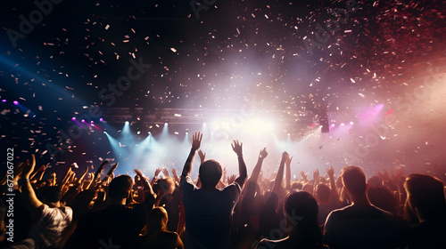 crowd of people dancing at concert, Concertgoers with confetti and vivid stage lights