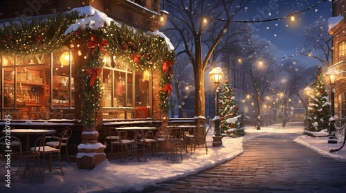 Winter wonderland: a cozy Christmas coffee shop with snow and warm light decoration photo