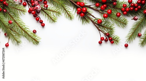 Spruce branches and red berries on white background: a festive Christmas flat lay with copy space