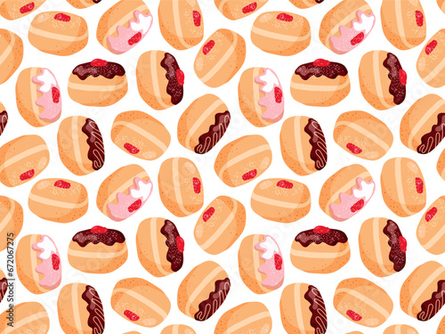 Bakery doughnut Seamless pattern. Cartoon flat illustration Repeated vector For wallpaper, wrapping, textile, scrapbooking. Colorful donut seamless pattern background. Chocolate, pink glazed doughnuts