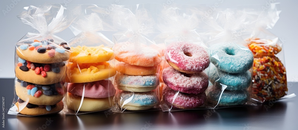 Handcrafted cookies in white packaging with a variety of transparent glass and plastic are tasty attractive and presented on a plain background