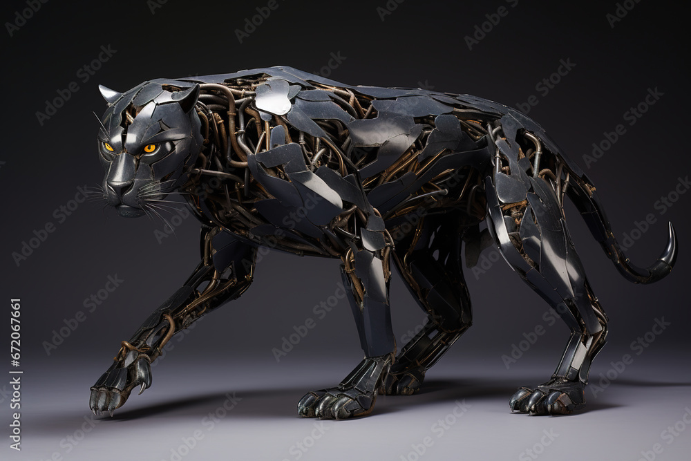 Image of black panther made of metal on a clean background., Wildlife Animals, Arts, Sculpture,. Image of black panther made of metal on a clean background., Wildlife Animals, Arts, Sculpture,.