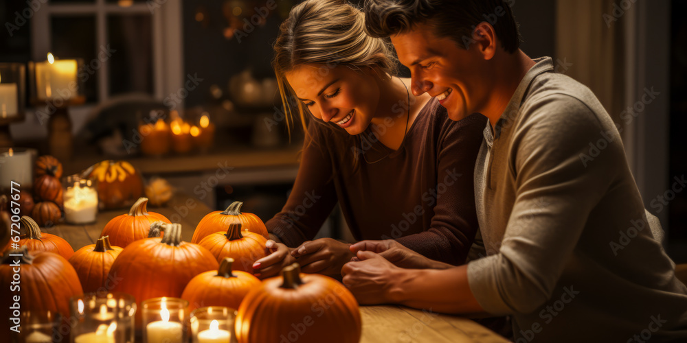 Couple carving pumpkins on wooden table amid candles.