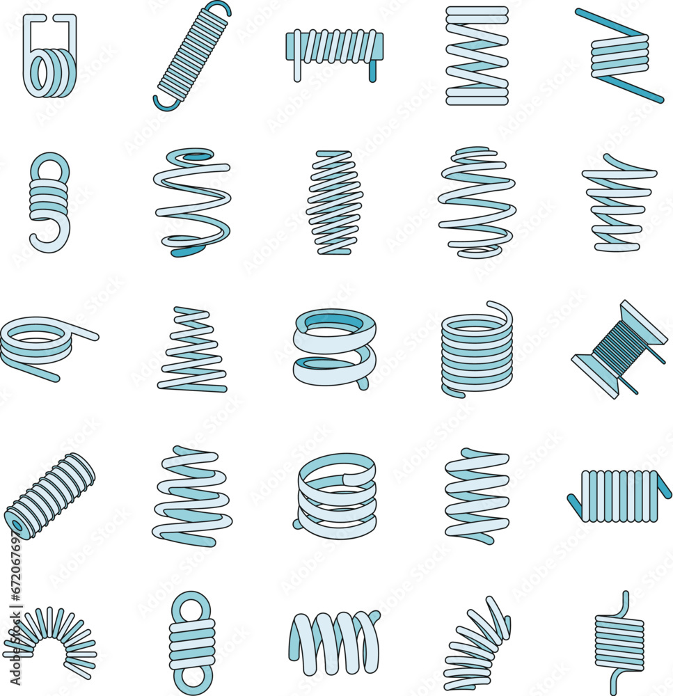 Coil spring cable icons set. Outline illustration of 25 coil spring cable vector icons thin line color flat on white - obrazy, fototapety, plakaty 