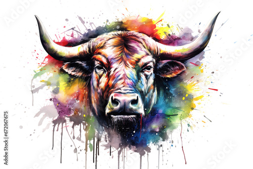 Painting of a bull head on white background. Wildlife Animals. photo