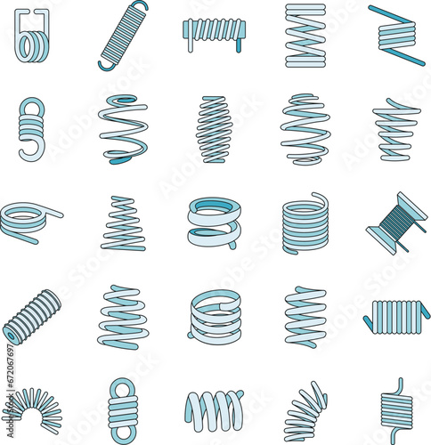 Coil spring cable icons set. Outline illustration of 25 coil spring cable vector icons thin line color flat on white