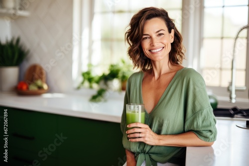 Healthy senior mature woman smiling while holding some green juice.